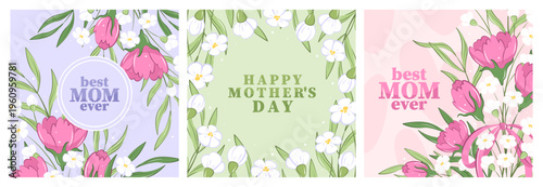 Mother's Day card set, Spring summer floral design. For the best mom inscription. Vector illustration 