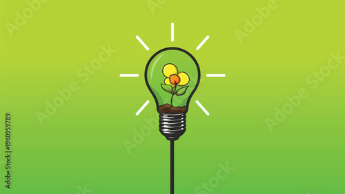 Energy efficient lightbulb on green background with blooming flower inside, perfect for environmental, renewable energy and ecofriendly concepts.