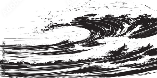 Dynamic Ocean Wave in Black and White Ink Style.