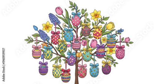 Colorful Easter eggs and rabbits adorn a tree with flowers on a white background in a vibrant, festive illustration design.