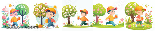 vector of a little boy walking and drinking orange ice in spring atmosphere