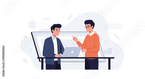 Two businessmen discussing project on laptop at modern office desk with large screen