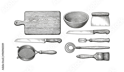 Vintage baking tools set: cutting board, bowl, scraper, knives, strainer, whisk, brush