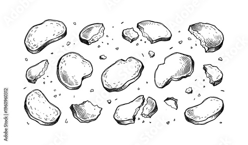 Hand-drawn black and white biscuit illustrations with crumbs on white background