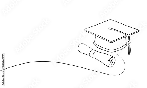 Graduation Cap, сontinuous one line drawing. Education and science, studying at the institute. Vector illustration