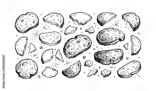 Hand-drawn sketch of assorted bread slices and crumbs in various shapes