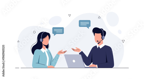 Customer service agents talking with headsets and laptop, communication concept