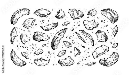 Monochrome hand-drawn bread crumb sketches in various shapes on white background