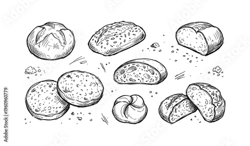 Hand-drawn loaves and buns assortment on white background