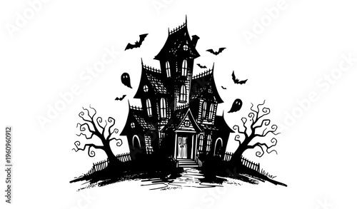 Vintage haunted house sketch with bats and ghosts charcoal ink illustration