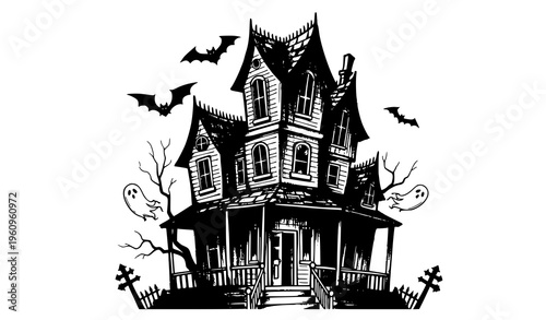 Hand drawn haunted house vector set with vintage charcoal Halloween design