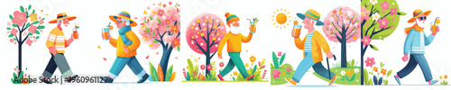 vector of a grandpa walking and drinking orange ice in spring atmosphere
