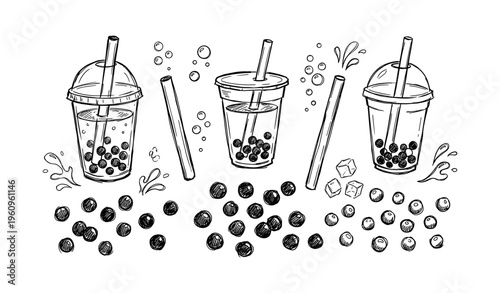Hand-drawn bubble tea collection with tapioca pearls and straws in transparent cups