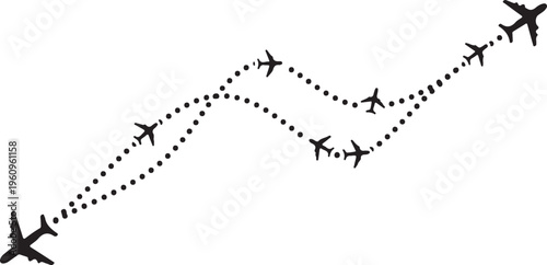 Set of flight, airplane, path travel route with start point and dash line trace vector