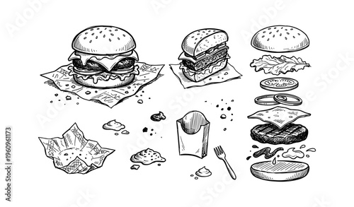 Hand-drawn fast food elements featuring burgers, lettuce, onions, and packaging