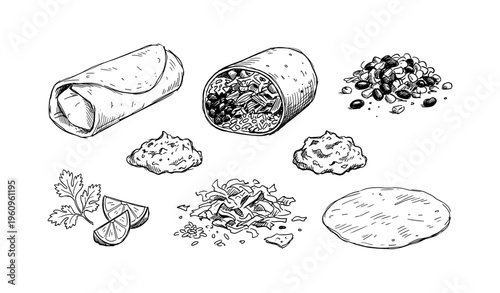 Hand-drawn burrito ingredients and wrap variations in black and white