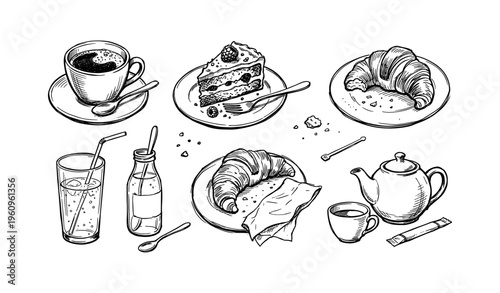 Illustrated breakfast set with coffee, croissants, cake, and tea