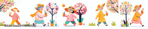 Bilde på lerret vector of a grandma walking and drinking orange ice in spring atmosphere