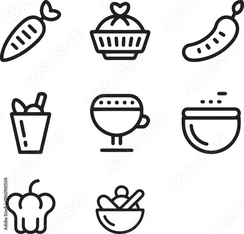 Minimal outline food icon set, monoline style, thin stroke, black and white, simple clean vector icons, vegetables, bowl, drink, grill, salad, modern linear icons, isolated on white background