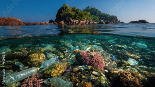 Ocean pollution with plastic bottles and debris underwater near a tropical island jungle under bright blue sky and clear water showing coral reef and marine life ecosystem damage