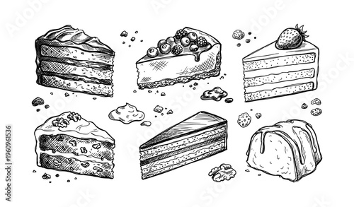 Hand-drawn assorted cake slices with berries and strawberries on white background