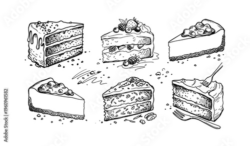 Sketches of delicious cakes with icing and fruit toppings