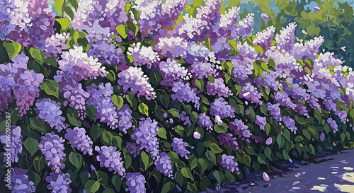 Vibrant lilac flowers blooming along garden pathway in spring  