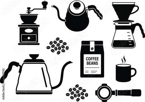 Solid Black and White Modern Manual Coffee Brewing Tools Vector Collection.