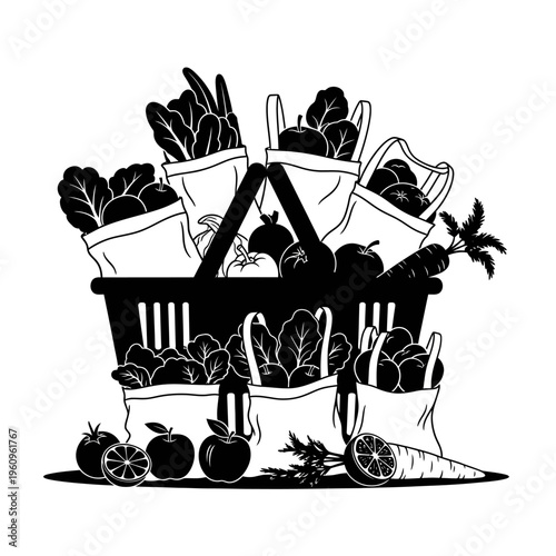Black and white shopping basket vegetables.