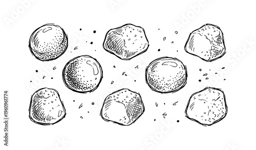 Hand-drawn sketch of chocolate truffles with various textures on white background