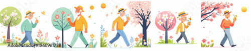 vector of a grandpa walking and drinking orange ice in spring atmosphere