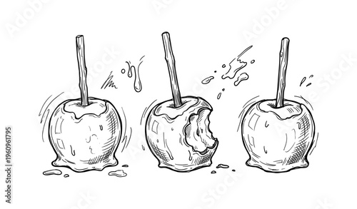 Black and white sketch of candy apples with bite marks and dripping caramel