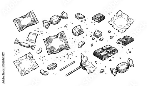 Hand-drawn assorted sweets and candy wrappers in black and white