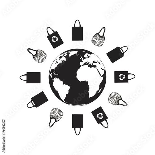 Earth surrounded by reusable shopping bags.