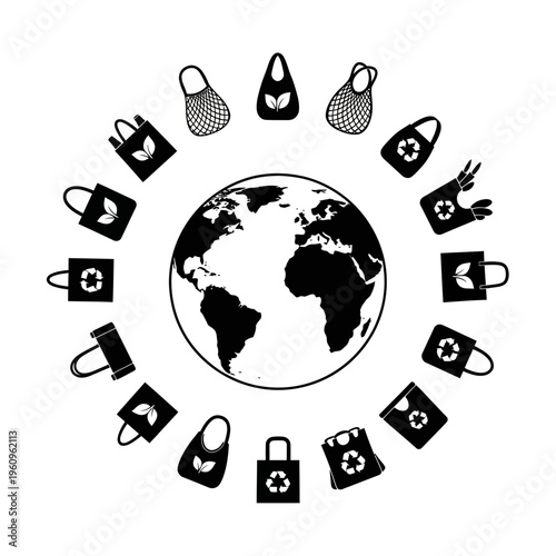 Earth surrounded by reusable shopping bags.