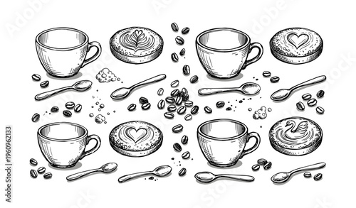 Illustrated coffee cups and pastries with coffee beans and spoons in black and white