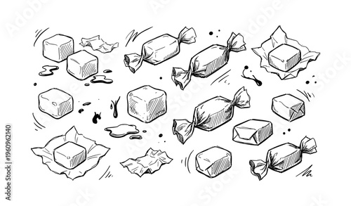Hand-drawn sketch of wrapped and unwrapped caramel candies with wrappers
