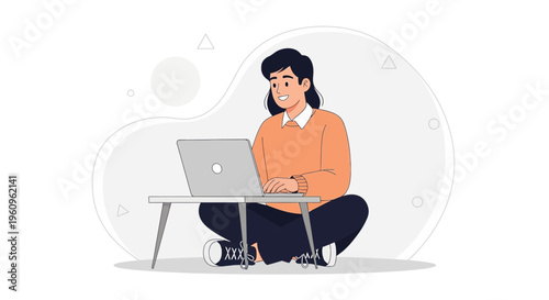 Young person working on a laptop, sitting cross-legged on the floor, modern flat illustration