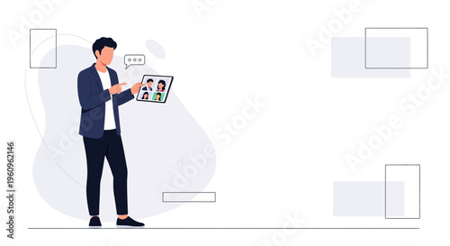 Man presenting video conference on tablet, remote team meeting, online communication concept