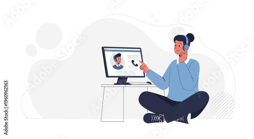 Customer service agent with headset and computer, online support, call center concept