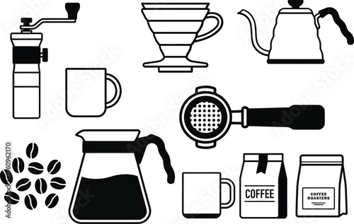A comprehensive black and white vector set of manual coffee brewing equipment. Includes a coffee grinder, V60 pour-over dripper, gooseneck kettle, french press, portafilter, coffee beans, and mug.