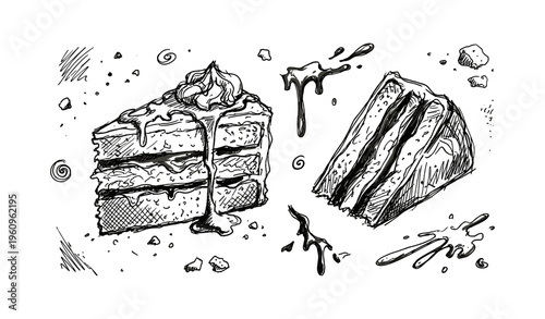 Hand-drawn illustration of two cake slices with dripping frosting and crumbs