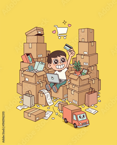 Overwhelmed man Surrounded by Cardboard Boxes
