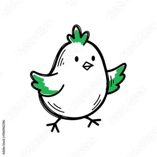 Cartoon chick with green wings standing happily on white background  