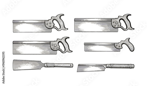 Vintage hand saws collection with detailed wood handles and steel blades