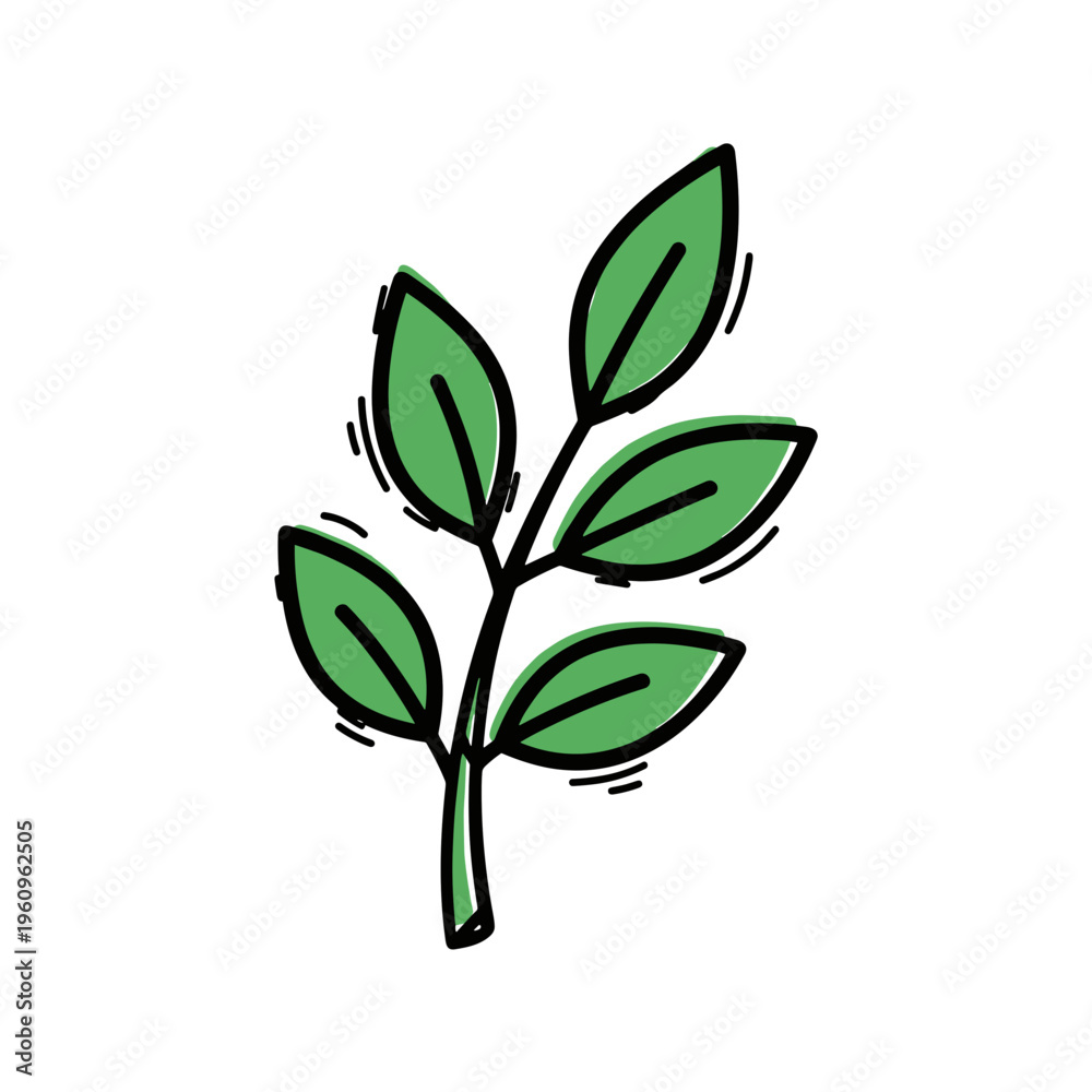 Obraz premium Green plant branch with leaves in a simple, hand-drawn style 