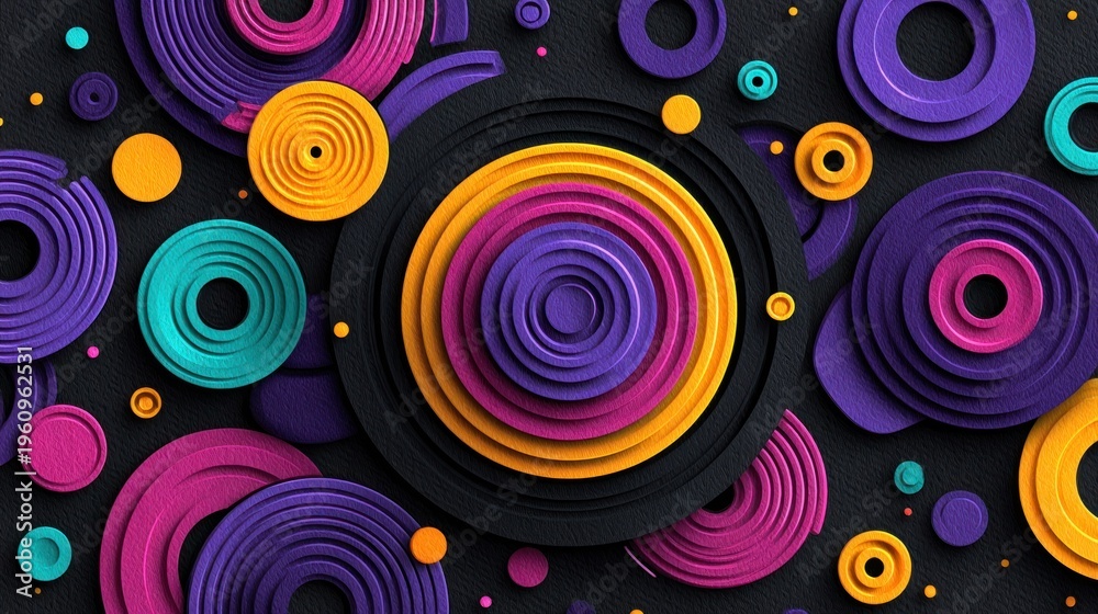 Fototapeta premium Three dimensional concentric circular shapes overlap and interlock against a dark textured background
