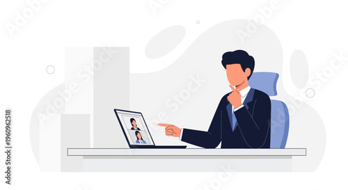 Businessman in video conference, pointing at laptop screen, online meeting, remote work