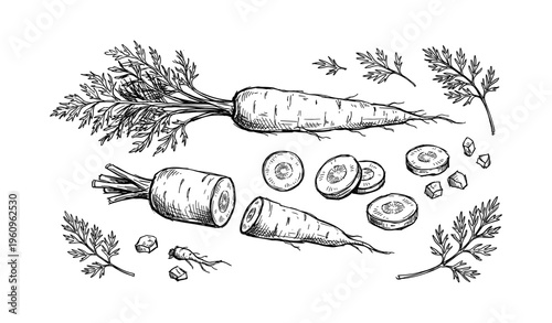 Illustrated carrots with leaves and sliced sections in black and white