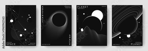 Abstract posters set of space astronomy backgrounds. Outline simple planet, galaxy, black hole. Black and white science future concept. Futuristic minimal design for cover, banner, flyer, layout